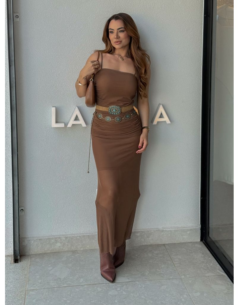 Vestido Franzido Tule Rebeca Café 