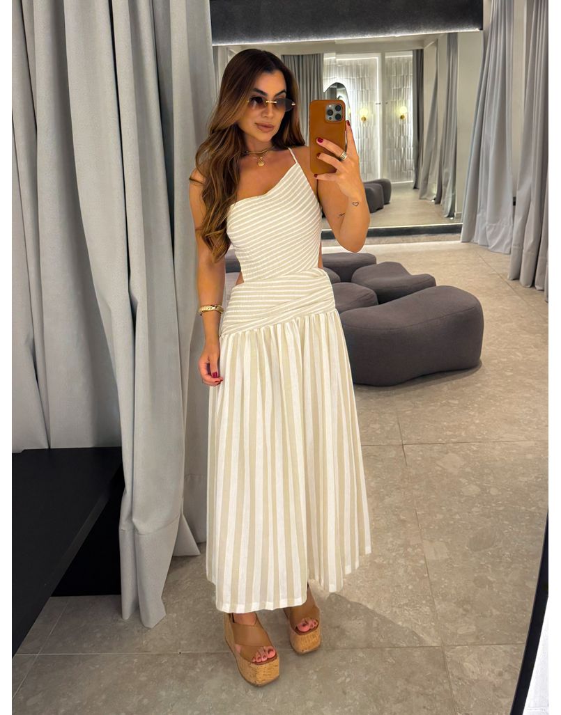 Vestido Midi Listrado Giane Nude - Loja La Mina 