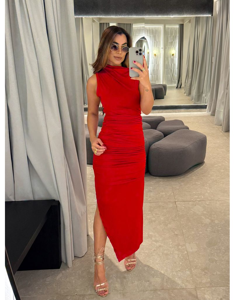 Vestido Midi Franzido Suplex Vermelho - Loja La Mina 