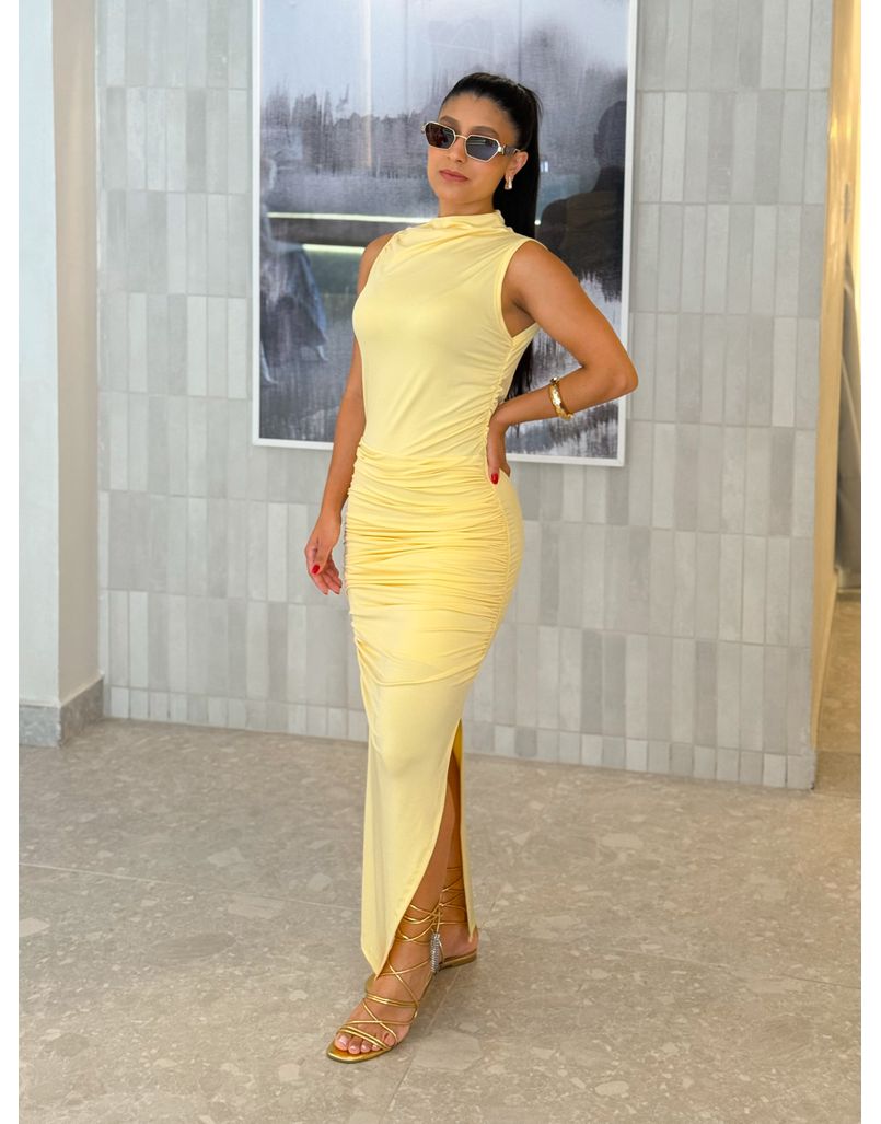 Vestido Midi Franzido Suplex Amarelo - Loja La Mina 