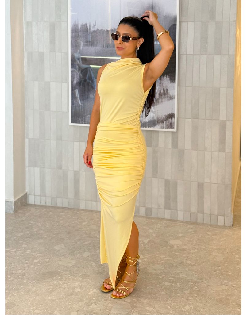 Vestido Midi Franzido Suplex Amarelo