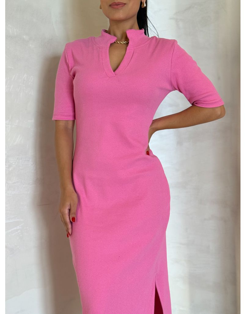 Vestido Canelado Gola Polo Tais Rosa