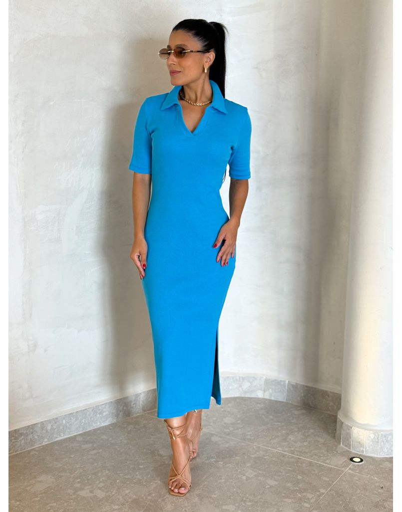 Vestido Canelado Gola Polo Tais Azul