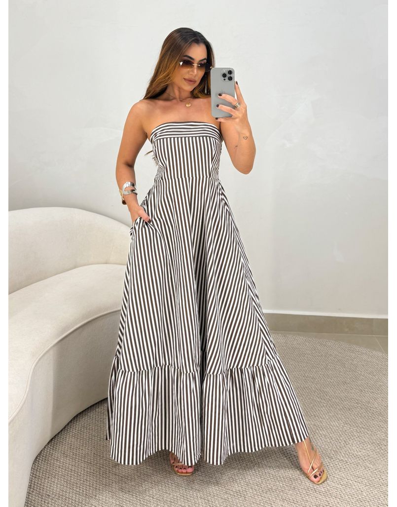 Vestido Listrado Tomara que Caia Alanis Café