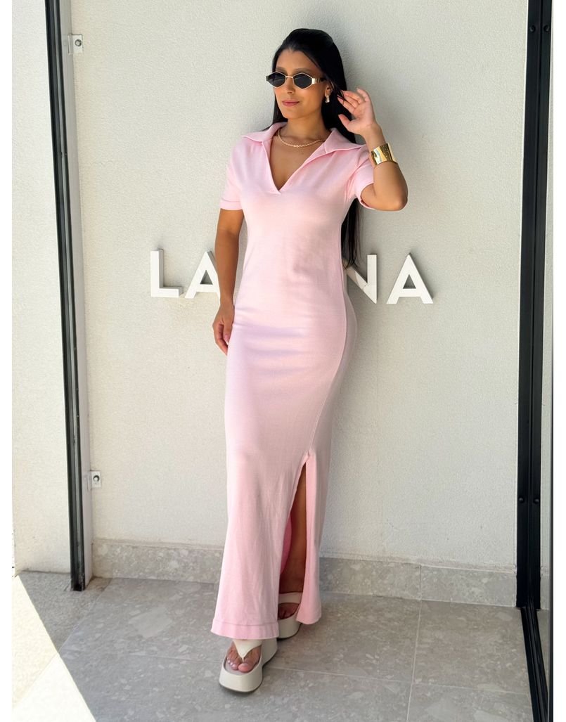 Vestido Tricot Gola Polo Aurora Rosa