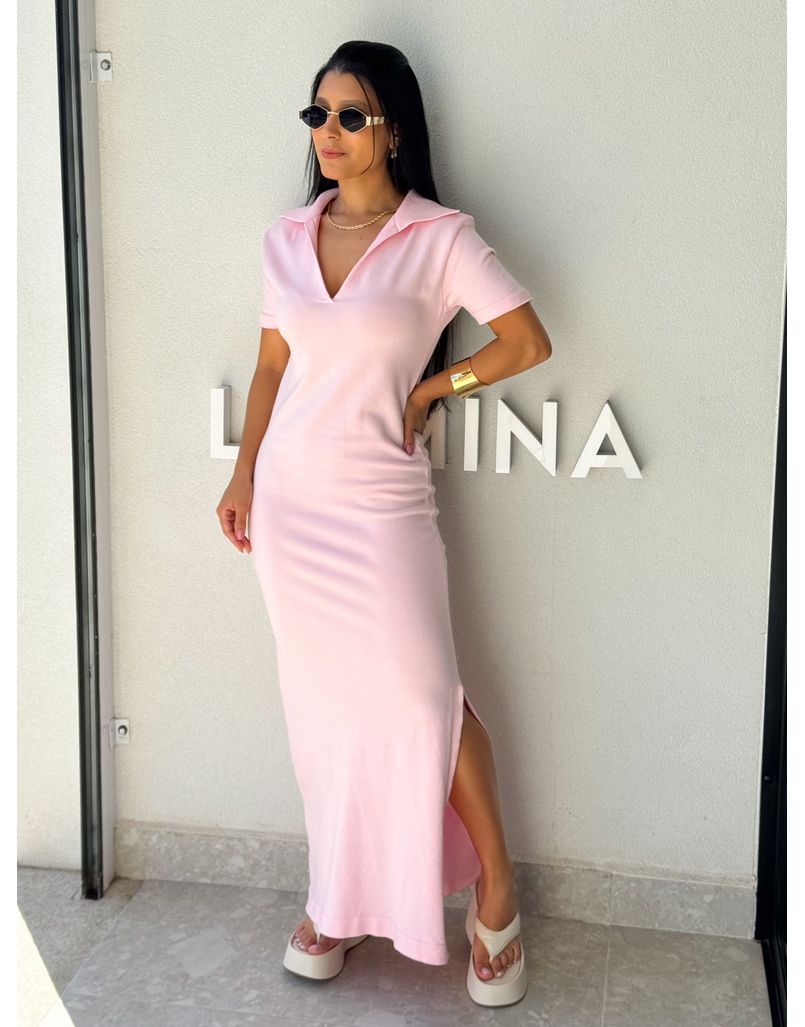 Vestido Tricot Gola Polo Aurora Rosa