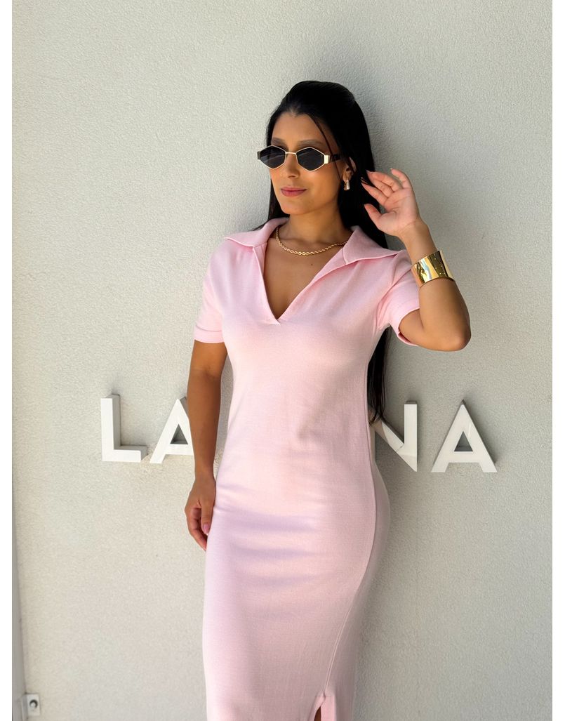 Vestido Tricot Gola Polo Aurora Rosa