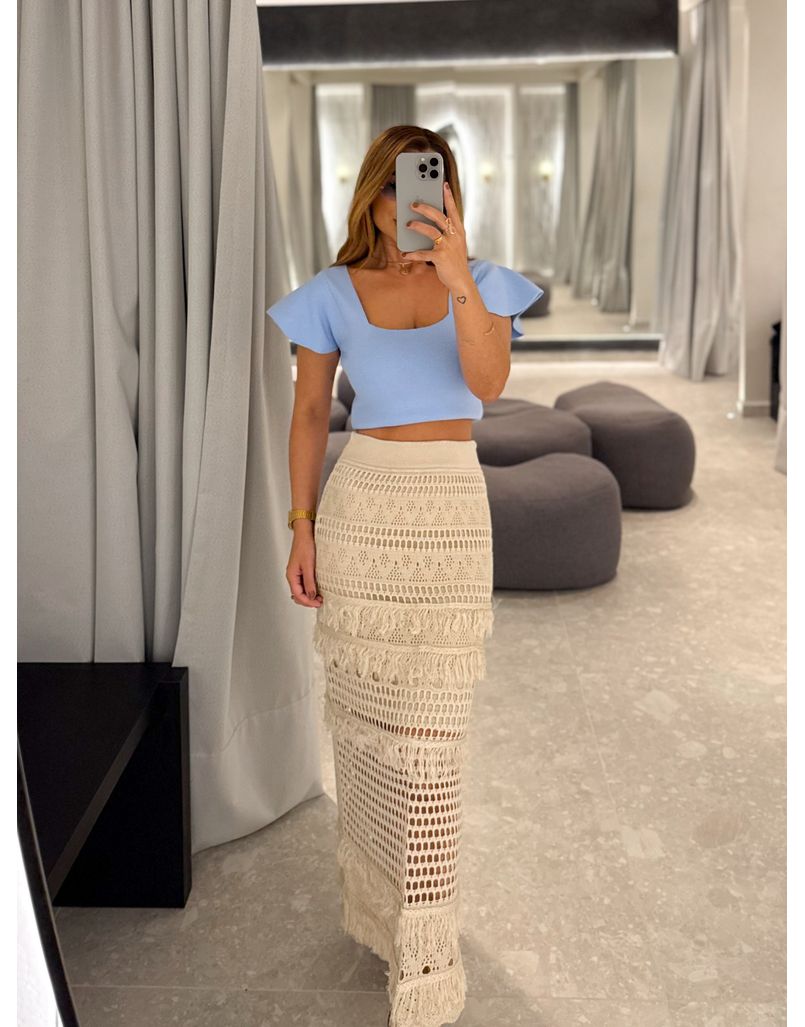 Saia Midi Tricot Rendada Areia