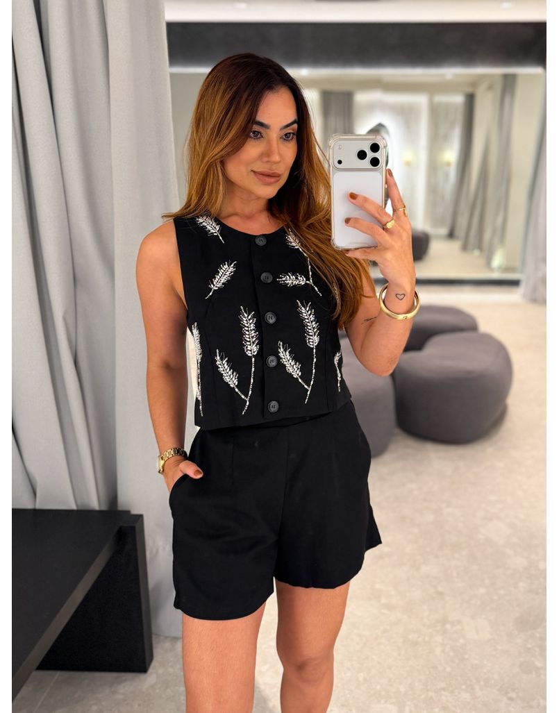 Conjunto Linho Bordado Preto