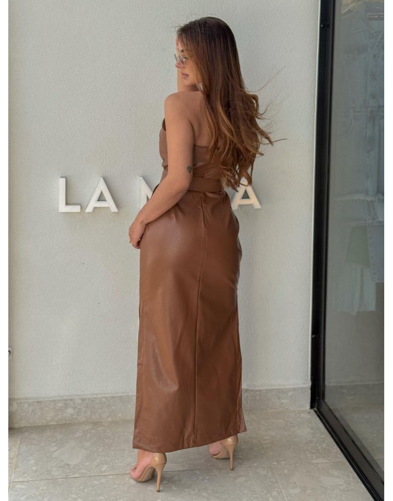 Vestido Couro Fake Lidi Marrom
