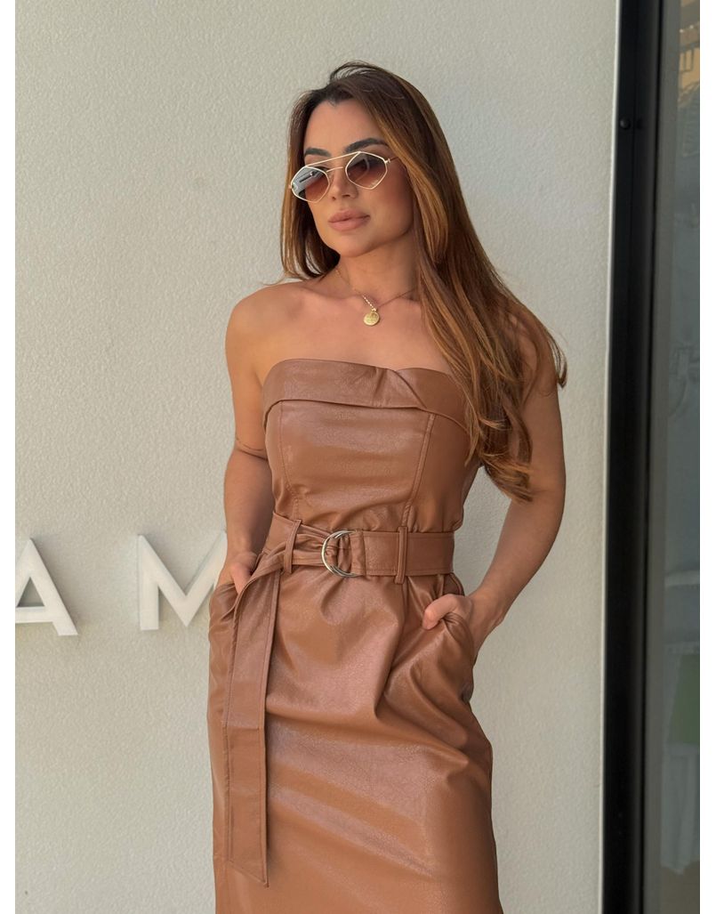 Vestido Couro Fake Lidi Marrom
