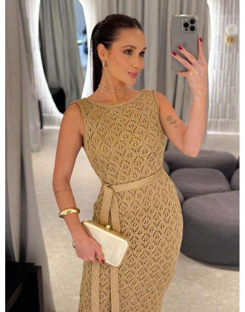 Vestido Tricot Rendado Lurex Dourado