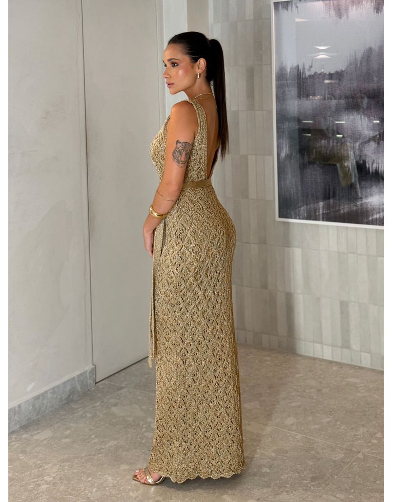 Vestido Tricot Rendado Lurex Dourado