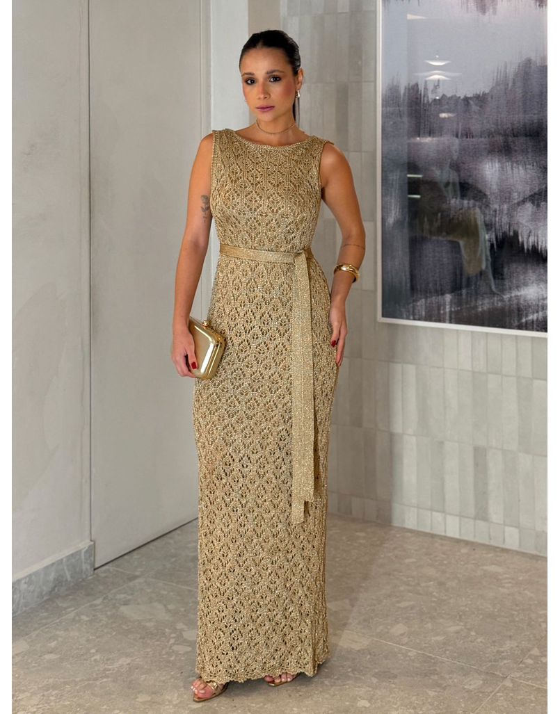 Vestido Tricot Rendado Lurex Dourado