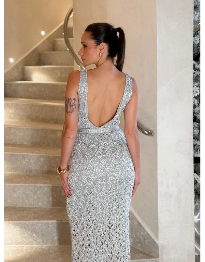 Vestido Tricot Rendado Lurex Prata