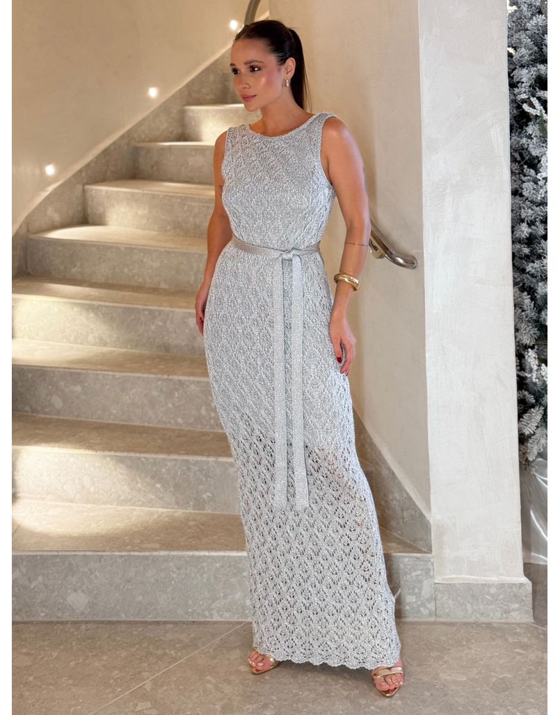 Vestido Tricot Rendado Lurex Prata