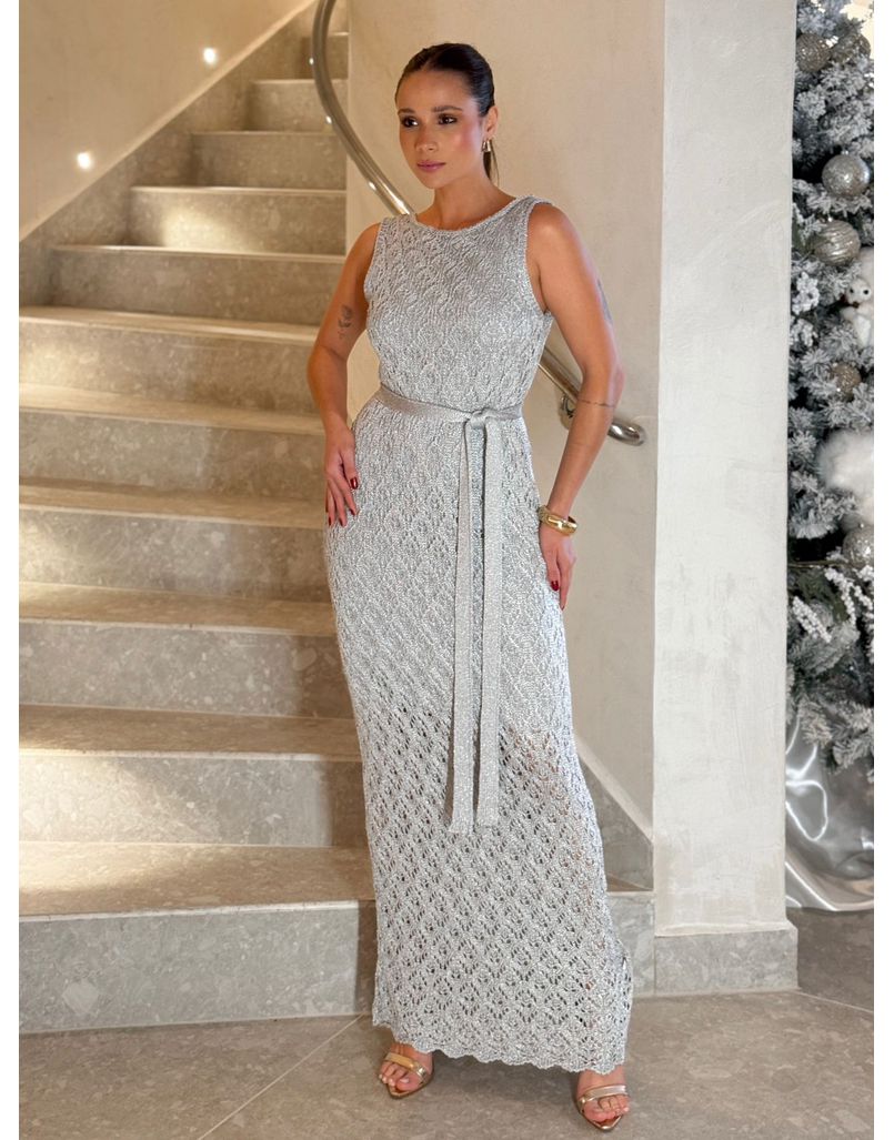 Vestido Tricot Rendado Lurex Prata