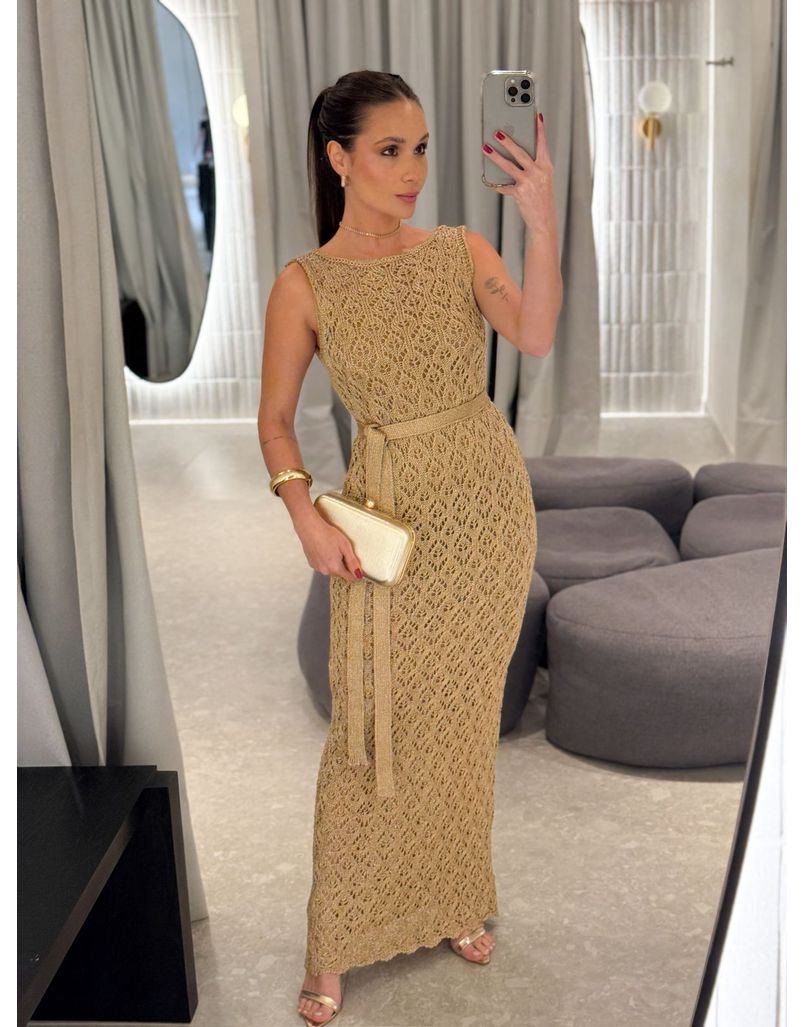 Vestido Tricot Rendado Lurex Dourado