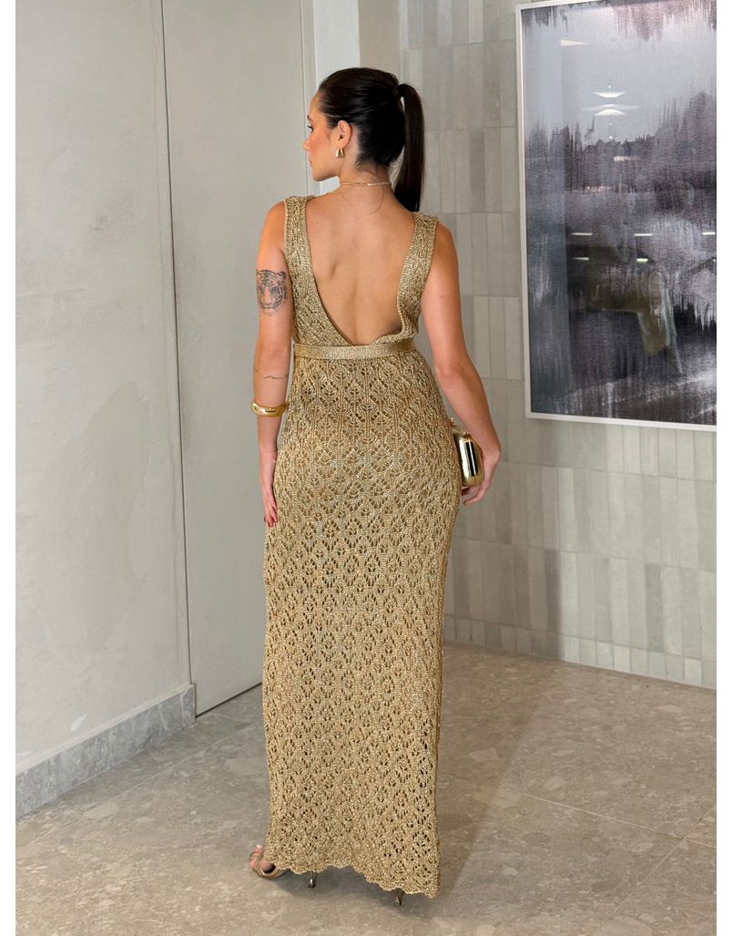 Vestido Tricot Rendado Lurex Dourado