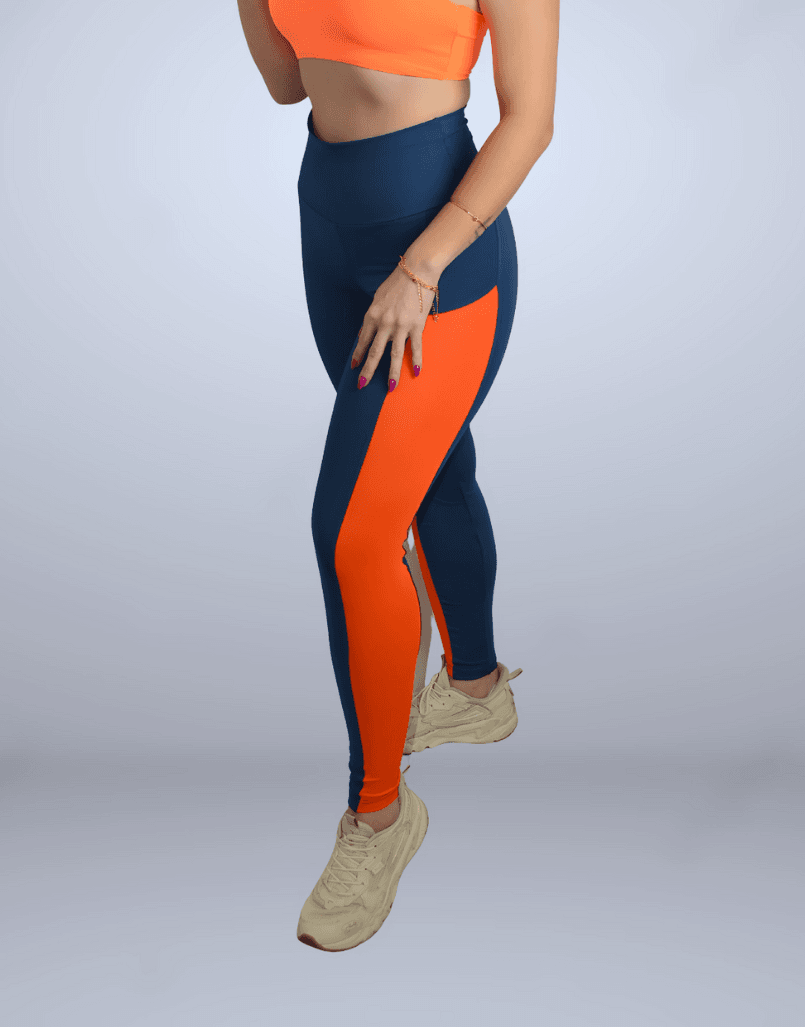 Calça Legging Liz Cós Alto e Detalhes - Azul com Laranja