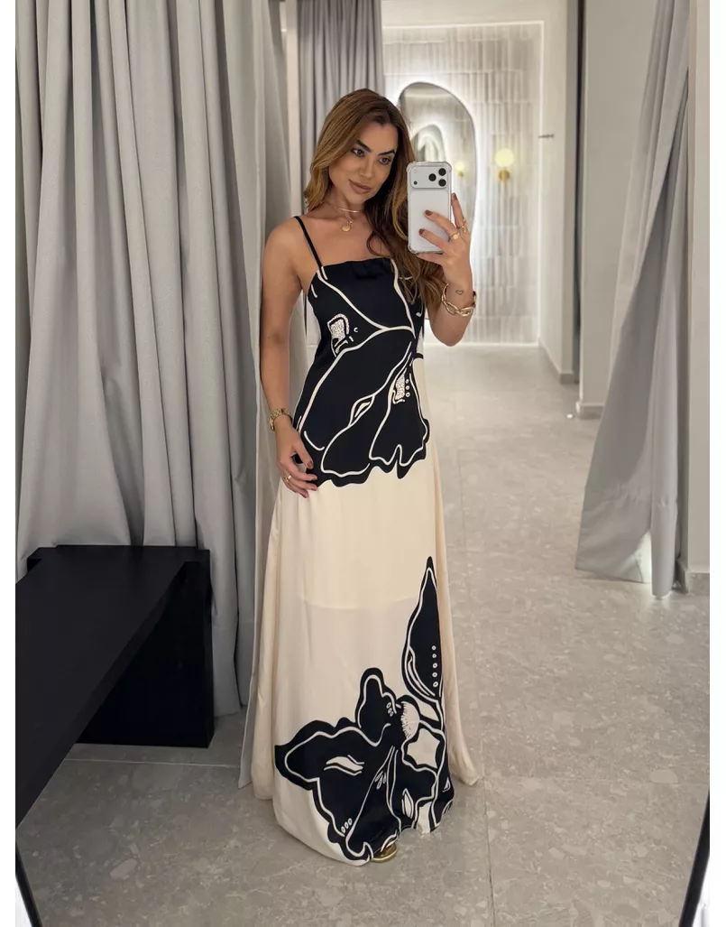 Vestido Longo Estampado Zoe Preto | Loja La Mina