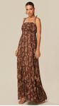 Vestido Longo de Alças Finas Estampado Marrom