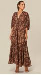 Vestido Midi com Mangas 3/4 Estampado Marrom