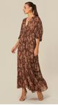 Vestido Midi com Mangas 3/4 Estampado Marrom