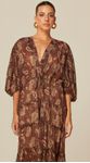 Vestido Midi com Mangas 3/4 Estampado Marrom