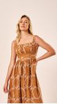 Vestido Midi Linho Bordados Castanho