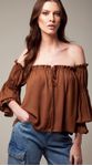 Blusa Ombro a Ombro com Manga Longa Marrom