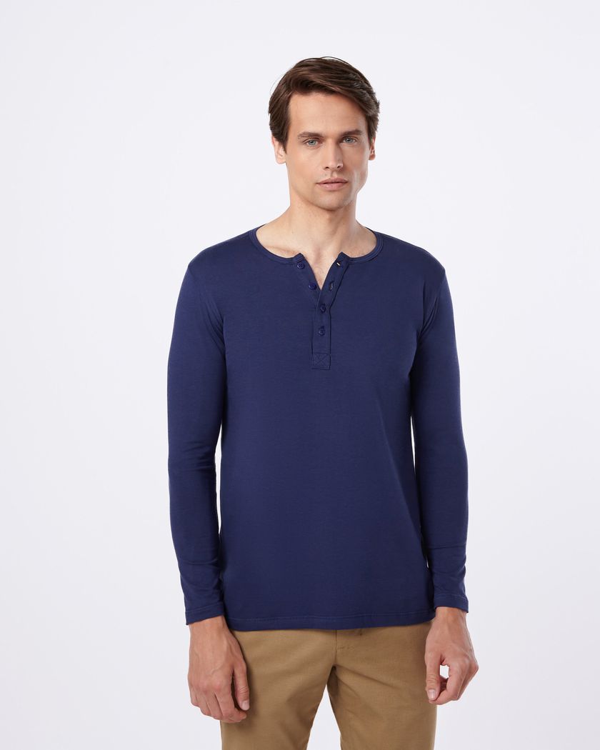 Camisa Henley Manga Longa Azul - Algodão Egípcio