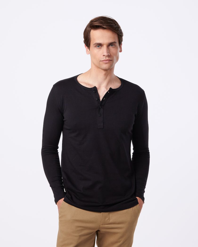 Camisa Henley Manga Longa Preta - Algodão Egípcio