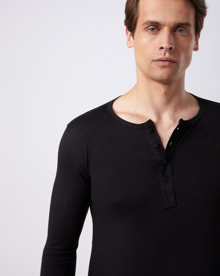 Camisa Henley Manga Longa Preta - Algodão Egípcio