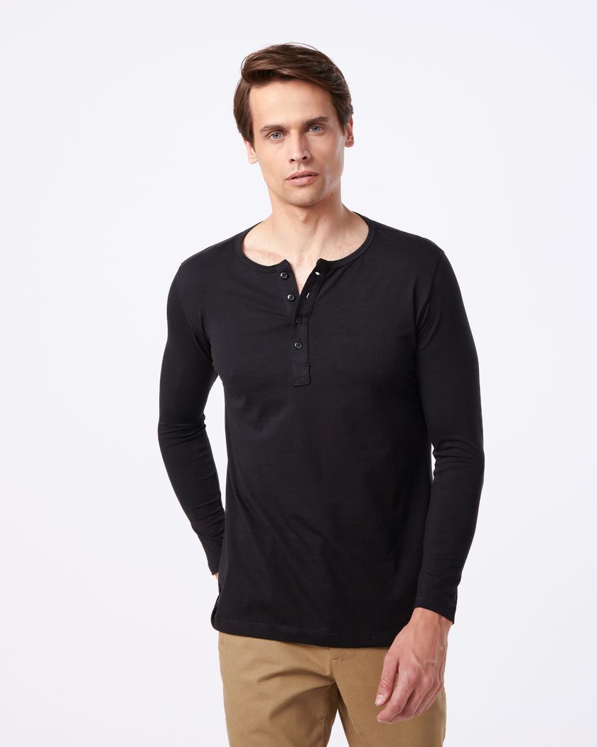 Camisa Henley Manga Longa Preta - Algodão Egípcio