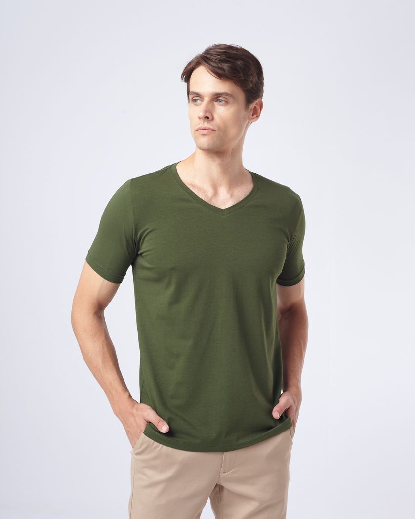 Camiseta Gola V Manga Curta Verde - Algodão Egípcio 
