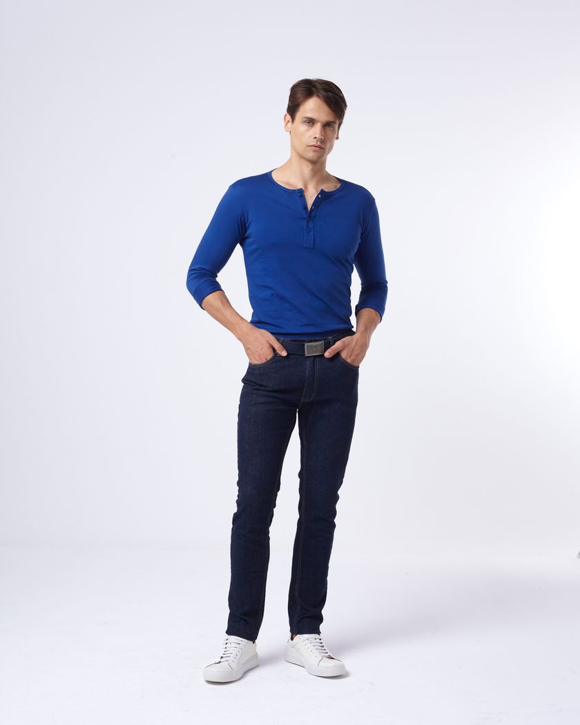 Camisa Henley Manga Longa Azul Royal - Algodão Pima 