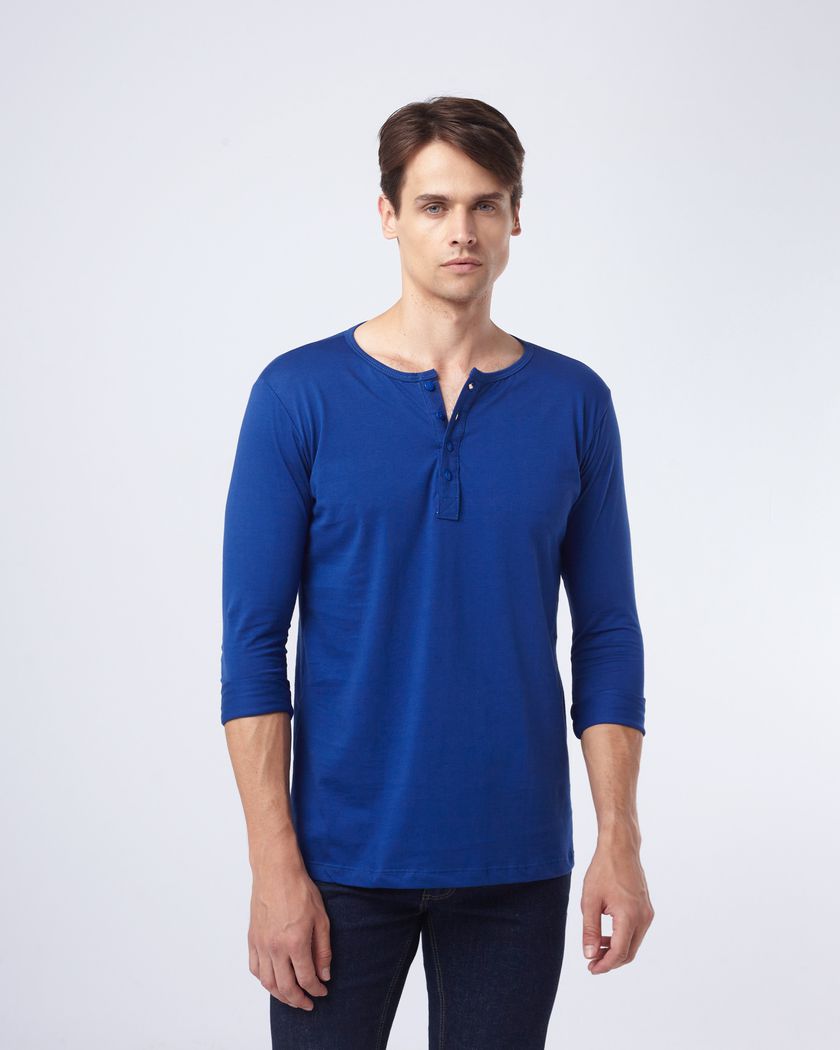 Camisa Henley Manga Longa Azul Royal - Algodão Pima 