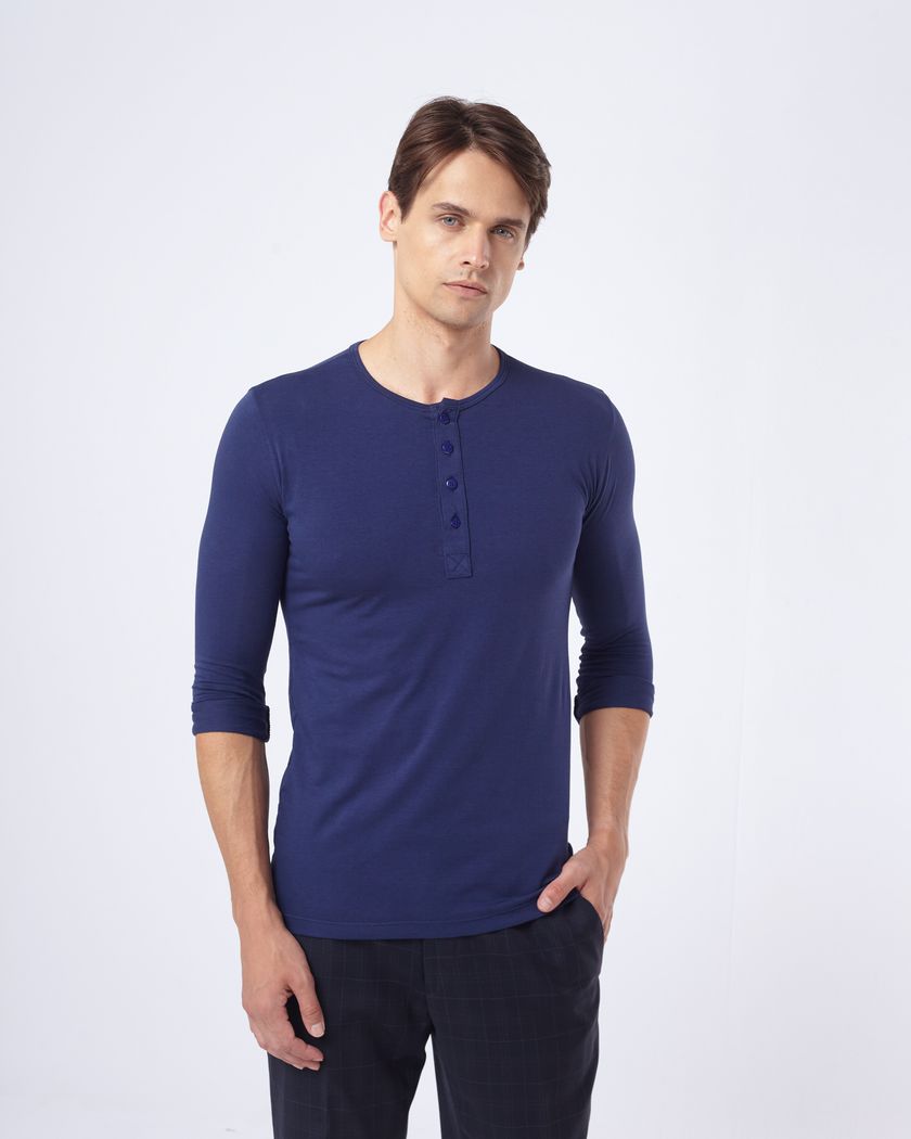 Camisa Henley Manga Longa Azul - Algodão Egípcio