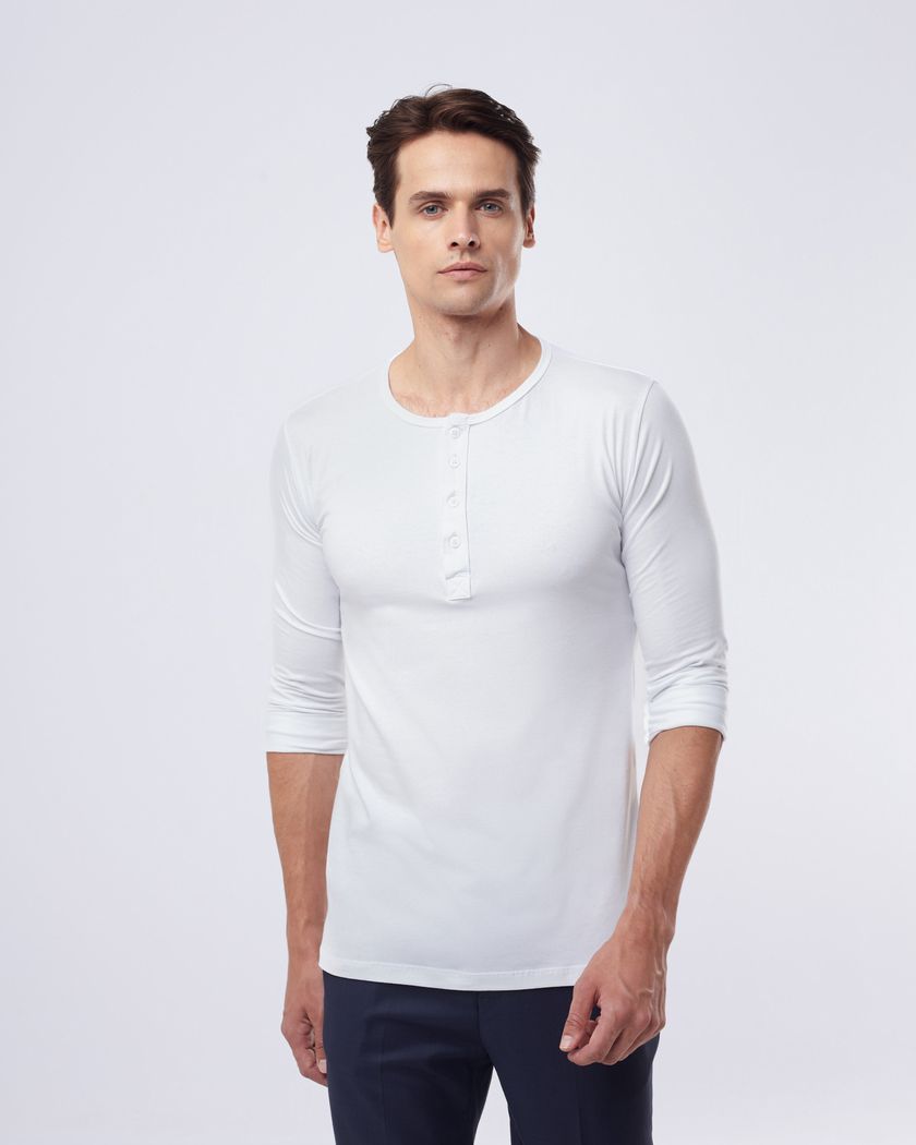 Camisa Henley Manga Longa Branca - Algodão Egípcio... - Barão Alpha