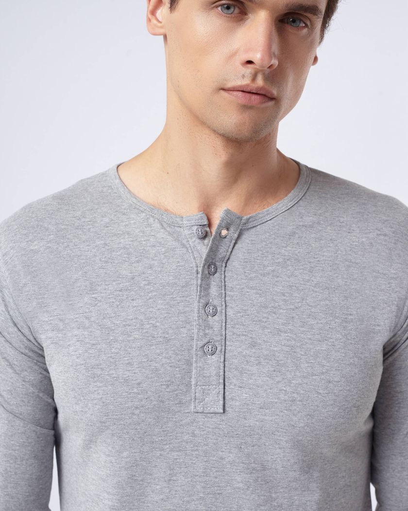 Camisa Henley Manga Longa Cinza - Algodão Egípcio 