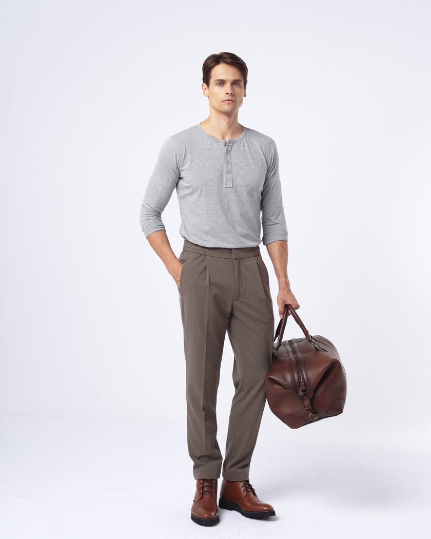 Camisa Henley Manga Longa Cinza - Algodão Egípcio 