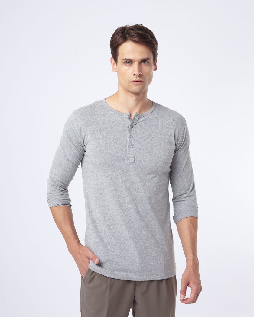 Camisa Henley Manga Longa Cinza - Algodão Egípcio ... - Barão Alpha