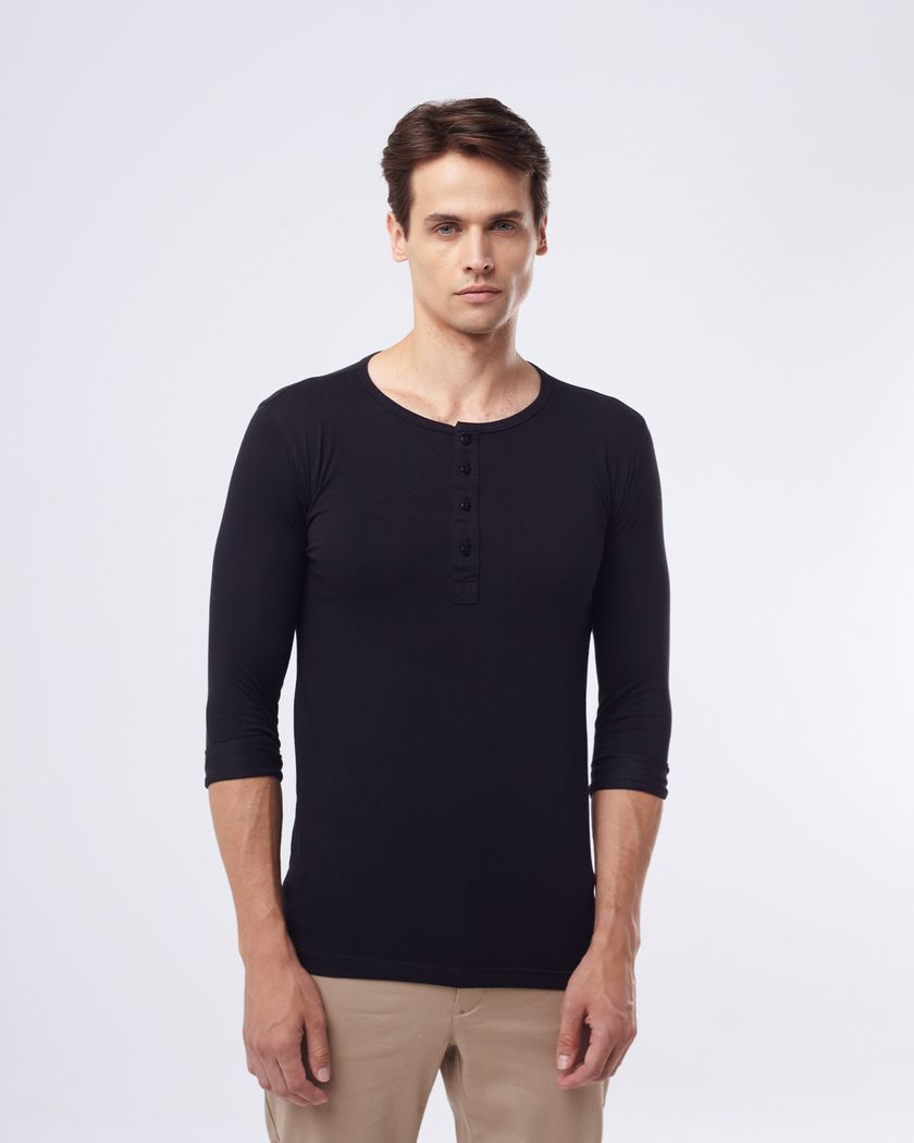 Camisa Henley Manga Longa Preta - Algodão Egípcio