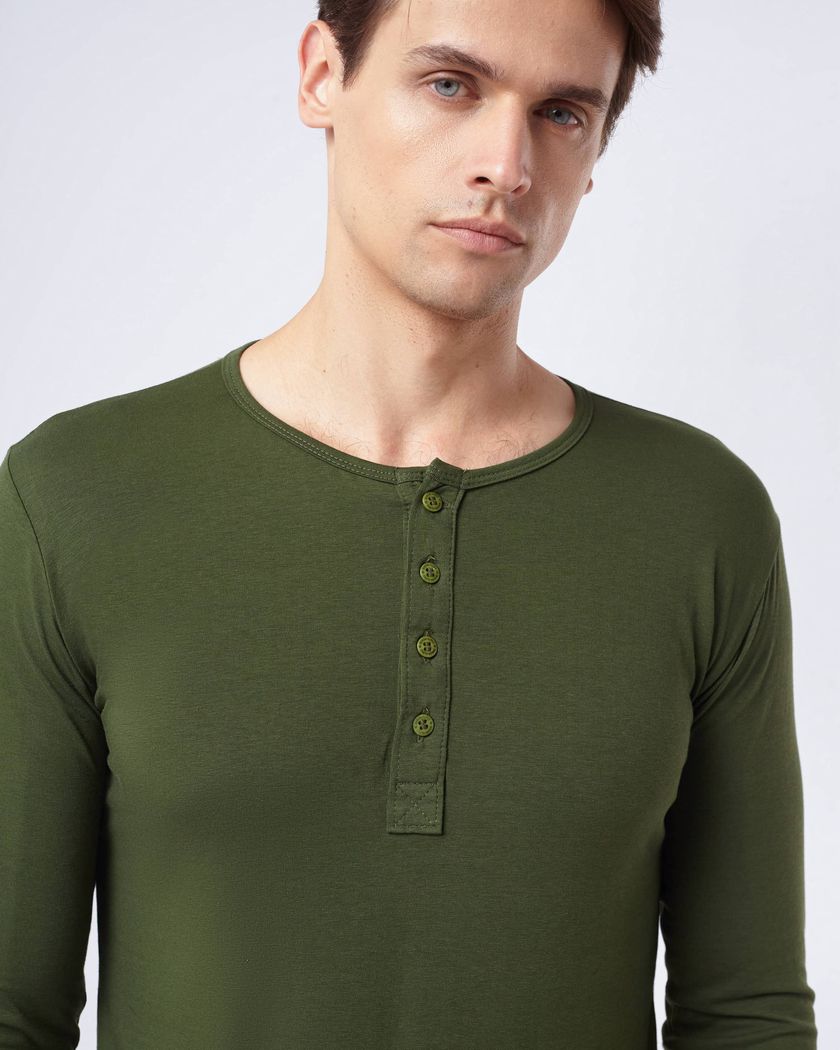 Camisa Henley Manga Longa Verde - Algodão Egípcio