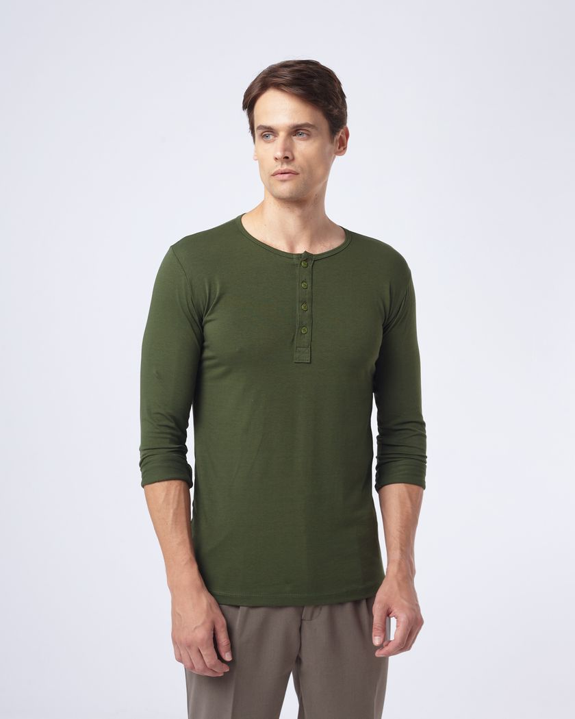 Camisa Henley Manga Longa Verde - Algodão Egípcio