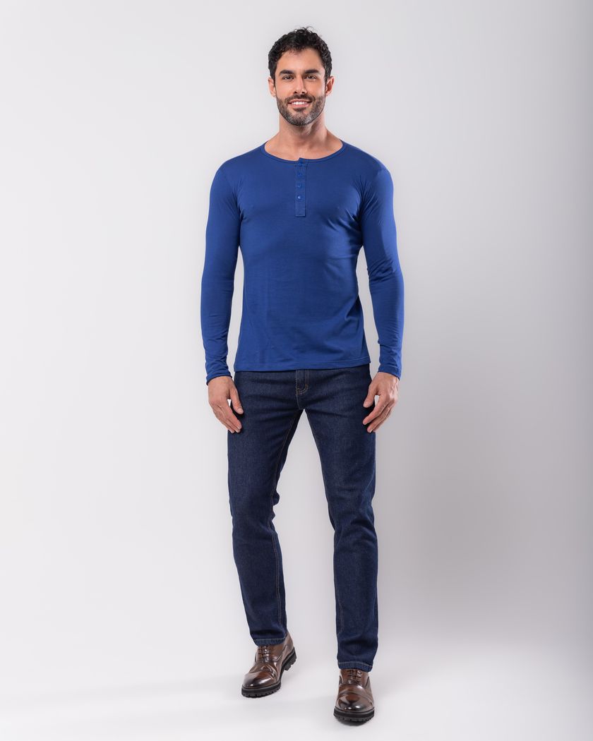 Camisa Henley Manga Longa Azul Royal - Algodão Pima 