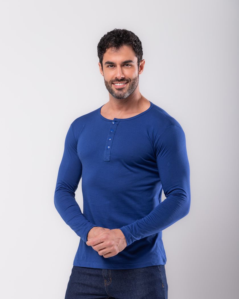Camisa Henley Manga Longa Azul Royal - Algodão Pim... - Barão Alpha