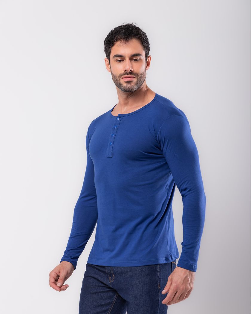 Camisa Henley Manga Longa Azul Royal - Algodão Pima 