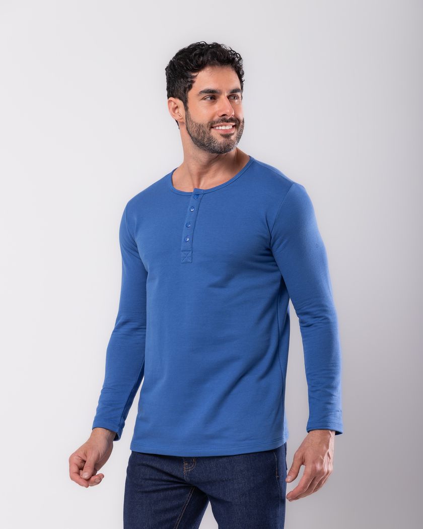 Camisa Henley Manga Longa Azul Royal - Moletinho 